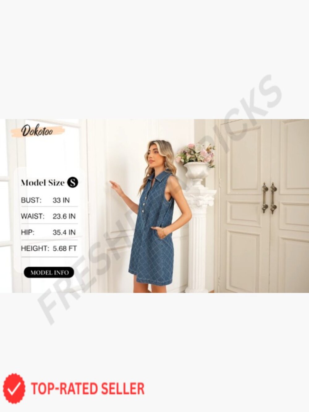Denim Mini Dress Sleeveless V Neck Button Front Casual Shift with Pockets - Picture 7 of 7